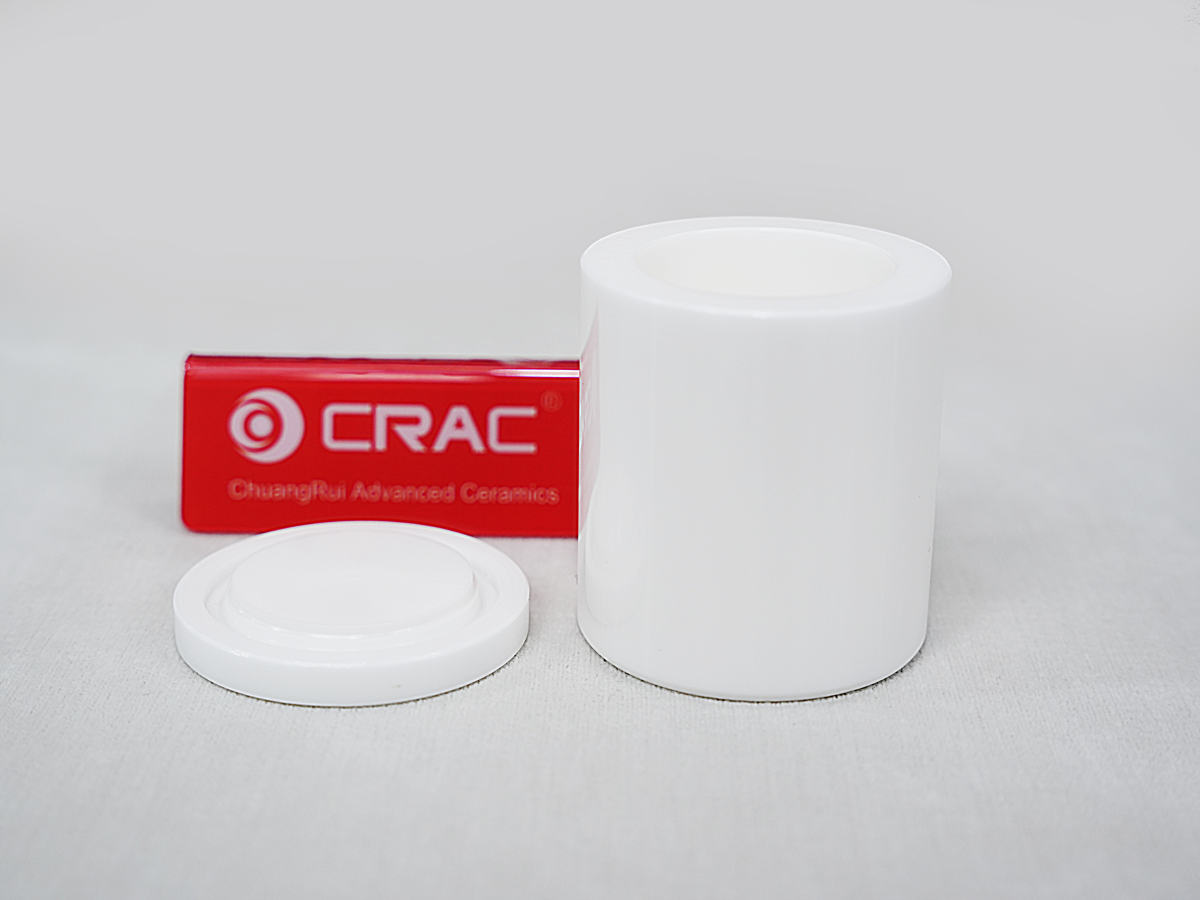 CRAC zirconia ceramic ball milling jar with lid removed showing precision interior grinding surface finish